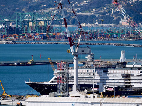 Genoa, Italy - February 2026: passenger ships at the Fincantieri shipyard in Sestri Ponente with the Explora III ship under construction. 