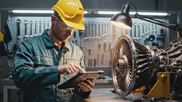 Technician examines turbine engine using tablet in workshop. Mechanic inspects turbine components with digital tablet. Engineer checks engine turbine in aerospace workshop. Turbine inspection work.