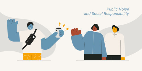 Fototapeta premium Public noise and social responsibility showing man with speaker disturbing others. Flat design vector illustration for noise pollution, public etiquette and social awareness concepts.