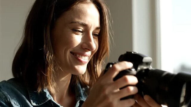 A woman holds a camera, eye close to the viewfinder, capturing a moment