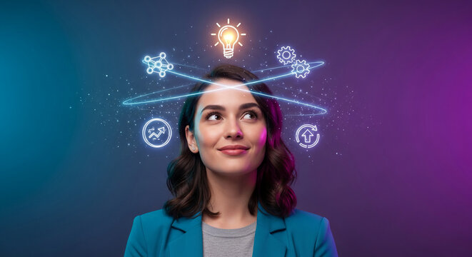 Smiling woman with illustration of light bulb, gears, growth, and molecule above her head, representing idea, innovation, process and development