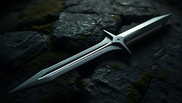 longsword. A medieval longsword thrust into a crack in mossy stone. event programs, museum guides, designed for cultural heritage projects and event programs, supports education.