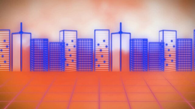 Digital animation of moving grid network against cityscape on orange background