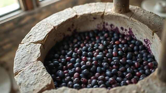 winepress. Ancient stone wine press with deep purple grape residue, textured surface in soft window light. bar promotions, beverage menus, designed for food & beverage menus and cafe branding.