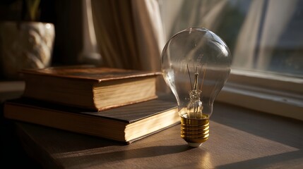 An antique light bulb rests beside old books on a wooden surface during golden hour