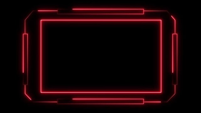 Futuristic Neon red Digital Frame with Copy Space and Geometric Accents on animated Black Background, Neon red line glowing rectangle frame on black background, Digital frame animation video.