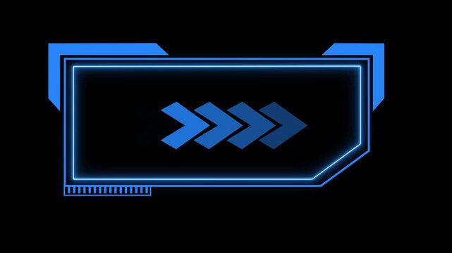 HUD square digital futuristic frame with right side arrow animation, Glowing Neon red line glowing rectangle frame on black background, Digital frame animation video with right side arrow indicator.