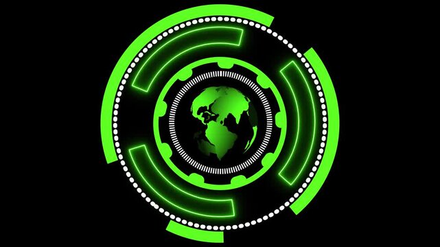 Green Earth Globe within a Futuristic Circular HUD Interface on animated Black Background, Futuristic green digital interface with circular HUD elements and icons animation on dark black background.