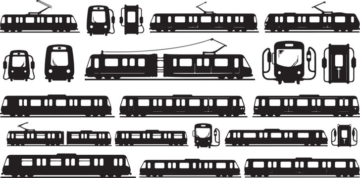 Collection of various tram and bus silhouettes on white