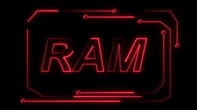 Red Neon RAM Text Inside a Futuristic Circuit Board Frame on animated Black Background memory
