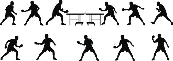 Dynamic black silhouettes of table tennis players in action poses with paddles and net, showcasing competitive sports energy and motion