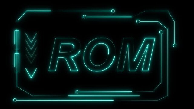 Cyan Neon ROM Text Inside a Futuristic Circuit Board Frame with Arrows on animated Black Background
