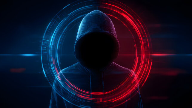Anonymous hacker silhouette with red and blue digital circle interface, cybersecurity breach and cyber attack concept