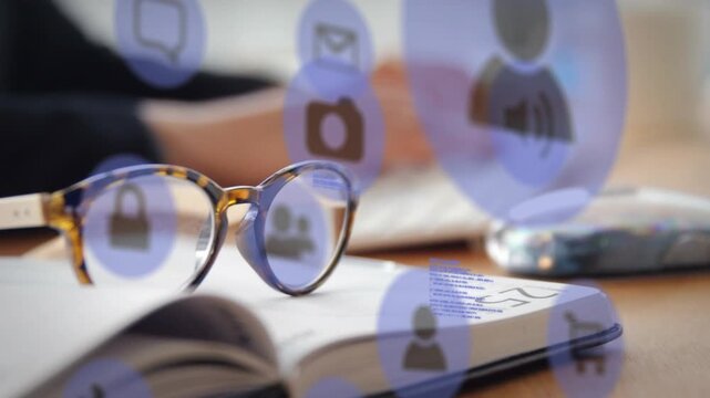Animation of technology icons over, book, glasses and hands of caucasian man typing on keyboard