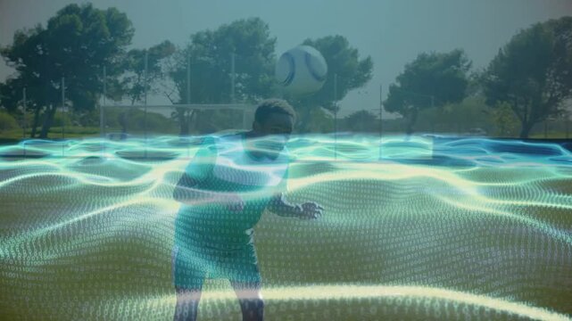 Animation of waves with binary coding over diverse football players on stadium