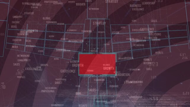 Animation of schema and business texts on black background