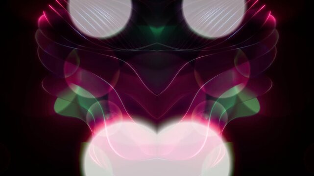 Abstract symmetrical pattern of glowing pink and green lights on a black background.