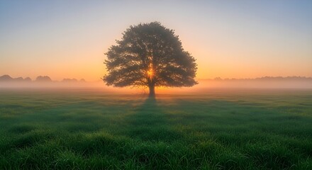 Fototapeta premium Hermoso paisaje de un árbol en un campo con la puesta de sol al fondo