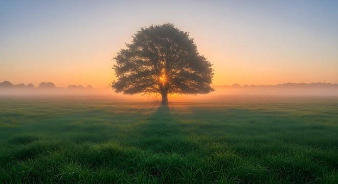 Hermoso paisaje de un &aacute;rbol en un campo con la puesta de sol al fondo