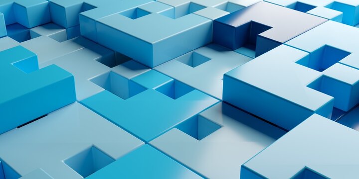 Blue abstract jigsaw puzzle pieces grid background, software module or business technology background concept