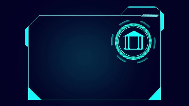Futuristic neon blue hud interface frame with circular icon showing classical courthouse column building on dark background, Ample copy space for finance or legal tech concepts animation.