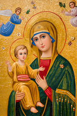 Naklejka premium Golden Byzantine Mosaic of Virgin Mary Holding Infant Jesus with Angels