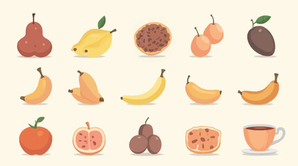 A vibrant arrangement of various fresh fruits and a single cup of coffee in a flat vector style.