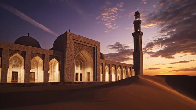 Desert mosque at dusk: ornate architecture surrounded by wind-sculpted sand