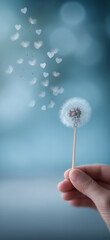 Fototapeta premium Hand holding dandelion blowing heart seeds. Human hand holding a dandelion while seeds with heart shapes are floating in the air against a soft blue background