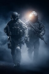 Two futuristic special forces soldiers emerging from smoke. Futuristic tactical soldiers wearing skull masks and armor holding rifles