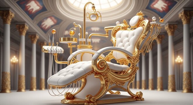 A surreal, high-end dental chair designed in a gold and white Baroque or Rococo style, located inside a grand palace hall with marble columns