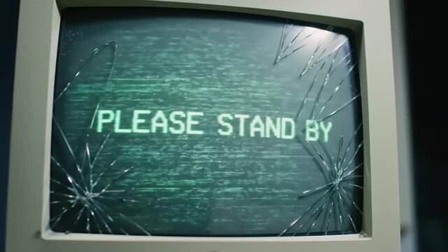 Vintage PC with a broken screen displays 'Please Stand By' message, old computer with dramatic crack, digital era failure, obsolete, retro equipment.