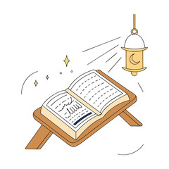 An open book with a hanging lamp, stars, and crescent moon in the background

