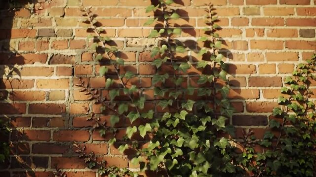 Close-up of a weathered brick wall covered in vibrant green ivy. Sunlight casts shadows on the wall, highlighting the texture and detail