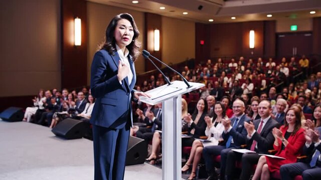 Asian businesswoman speaking at podium in conference hall to audience