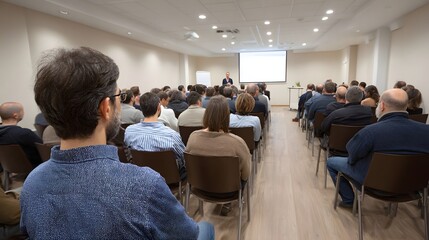 Fototapeta premium Group of people attending a business seminar in a conference room listening to a speaker and watching a projector screen