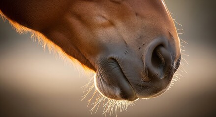 A detailed macro close-up of a brown horse's muzzle, showing the nose, mouth, fine whiskers, and skin texture in warm sunlight