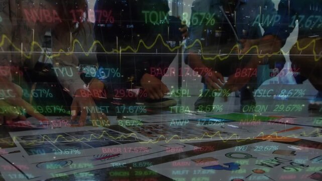 Animation of stock market data processing over mid section of colleagues discussing over a plan