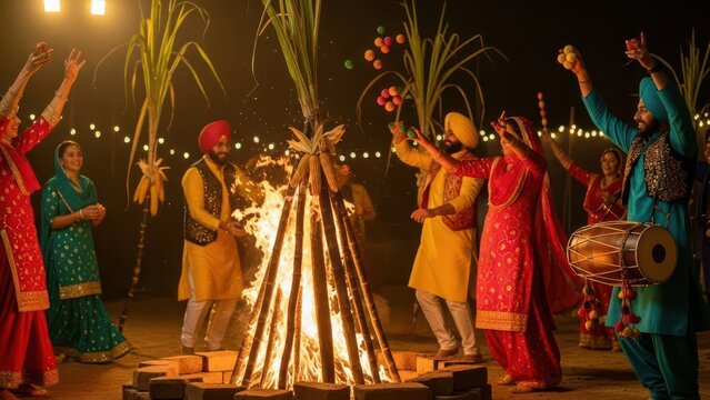 Happy Lohri Celebration With Fire, Drums, Sugarcane, And Festive Snacks For Family