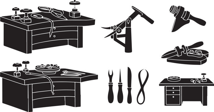 Jewelry making workbenches and tools illustration set in black