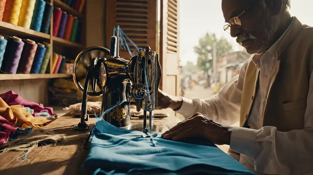 Experienced indian tailor meticulously sewing fabric on a vintage machine in his traditional shop, showcasing south asian street life.