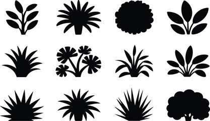 Black bush and plant silhouettes collection set, garden landscape botanical elements, nature outdoor greenery ornaments © Al