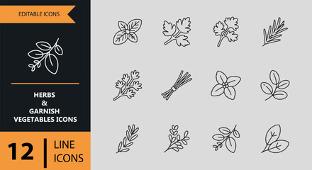 Herbs And Garnish Vegetables Outline Organic Icon Collection © MdMasudRana