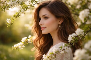 Fototapeta premium Young woman with long brown hair stands among white cherry blossoms in a sunlit park, serene and contemplative, evoking springtime renewal, delicate beauty, and gentle romance