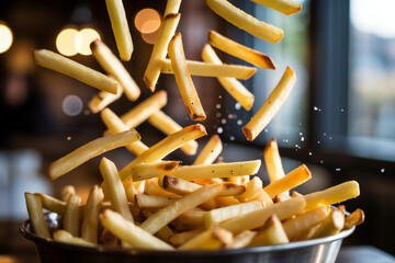 Golden french fries tumbling into a metal bucket