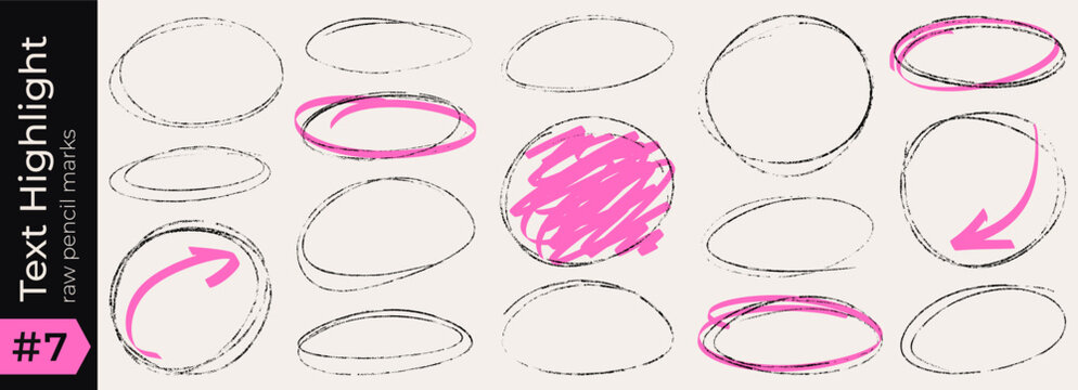 Highlight pencil underline and pen with box crayon text line doodle scribble for a drawn mark. Chalk circle brush sketch and hand pastel sign with frame border stroke, plus texture vector shape.