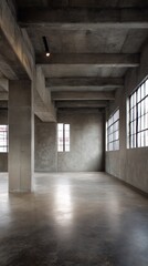 Naklejka premium Empty polished concrete warehouse interior with large windows
