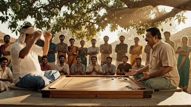 Indian men playing traditional carrom game outdoors in a sunlit village setting, surrounded by an attentive local community, showcasing south asian daily life culture.