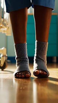 Patient stands on floor in hospital socks in medical ward. Patient legs in compression socks prepare for recovery. Patient in blue gown stands in hospital room. Sick person wears grey medical socks.