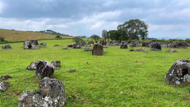 Valley of the Jars, Laos. Phongsavan. Valley of the Jars. The megalithic archaeological landscape consists of thousands of stone jars scattered across the Xiangkhouang Plateau. 4К